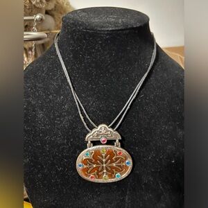 Chicos Double Black Leather Strand Necklace with Mosaic Medallion Pendant 16"